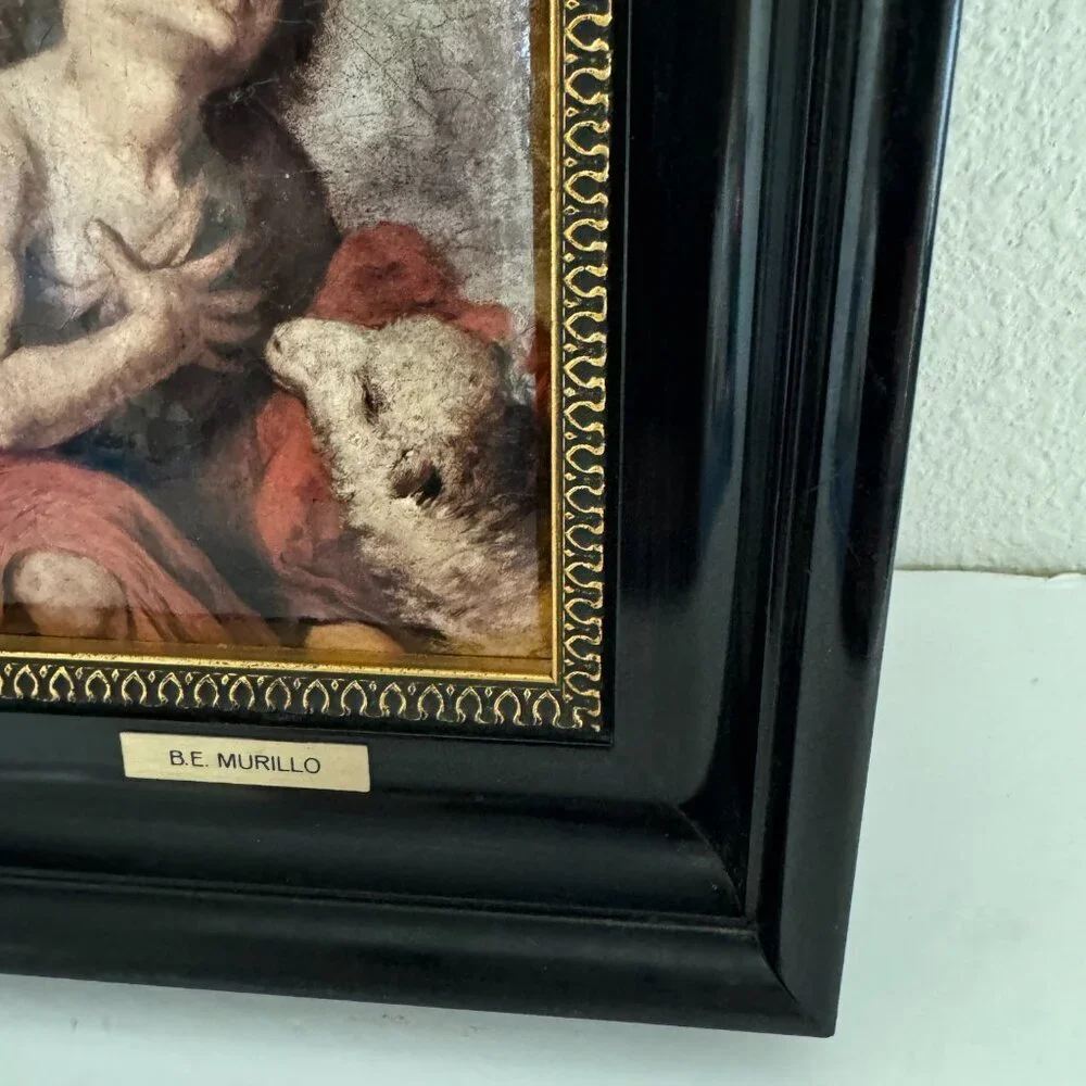 Vintage B.E.Murillo Art  St.John The Baptist Child  Convex Wooden Frame